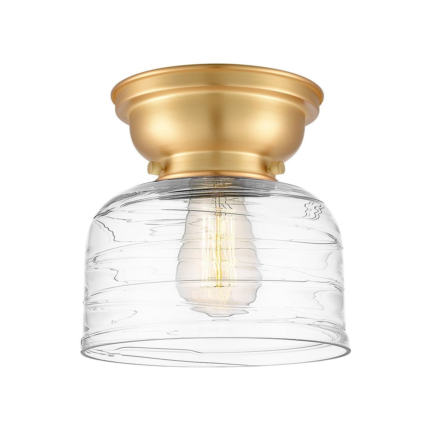 Innovations Bell 8in 1-Light Flush Mount | Industrial Satin Gold Steel and Clear Deco Swirl Glass | Entryway & Hallway | 7.75 x 8 in | Model 623-1F-SG-G713