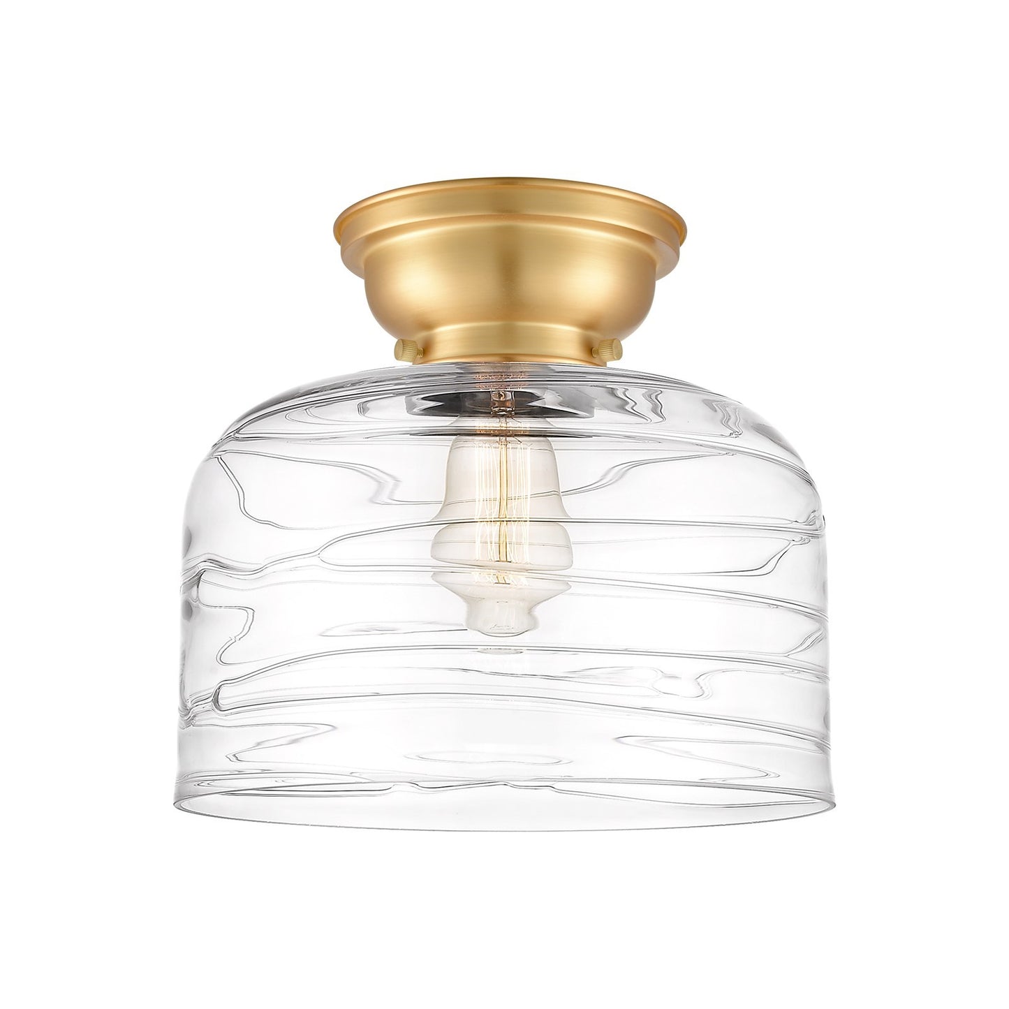 Innovations Bell 12in 1-Light Flush Mount | Industrial Farmhouse Satin Gold Steel and Clear Deco Swirl Glass | Entryway & | Model 623-1F-SG-G713-L-LED