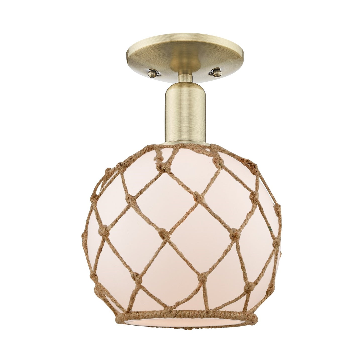Innovations Farmhouse Rope 8in 1-Light Semi-Flush Mount | Industrial Antique Brass Steel and White Frosted Glass with Brown | Model 716-1C-AB-G121-8RB