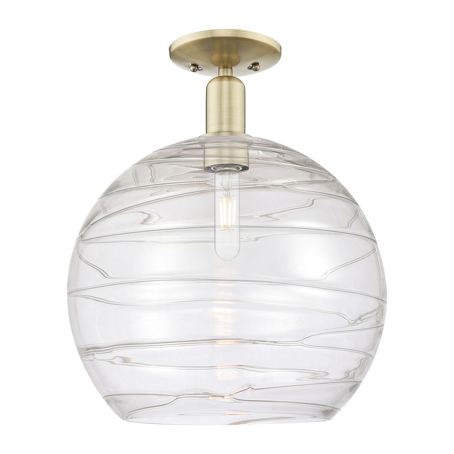 Innovations Athens Deco Swirl 14in 1-Light Semi-Flush Mount | Industrial Antique Brass Steel and Clear Deco Swirl Glass | Model 716-1C-AB-G1213-14CL