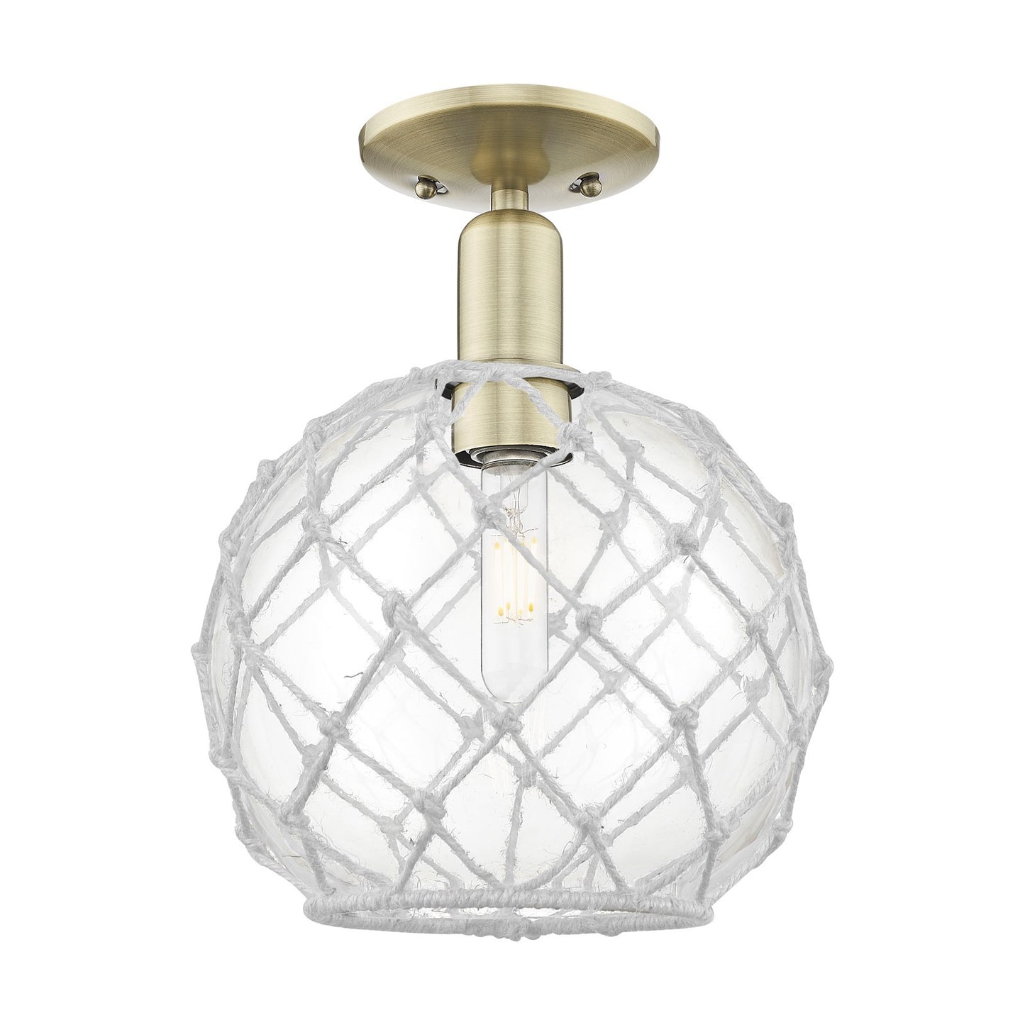Innovations Farmhouse Rope 10in 1-Light Semi-Flush Mount | Industrial Antique Brass Steel and Clear Glass with White Rope | Model 716-1C-AB-G122-10RW