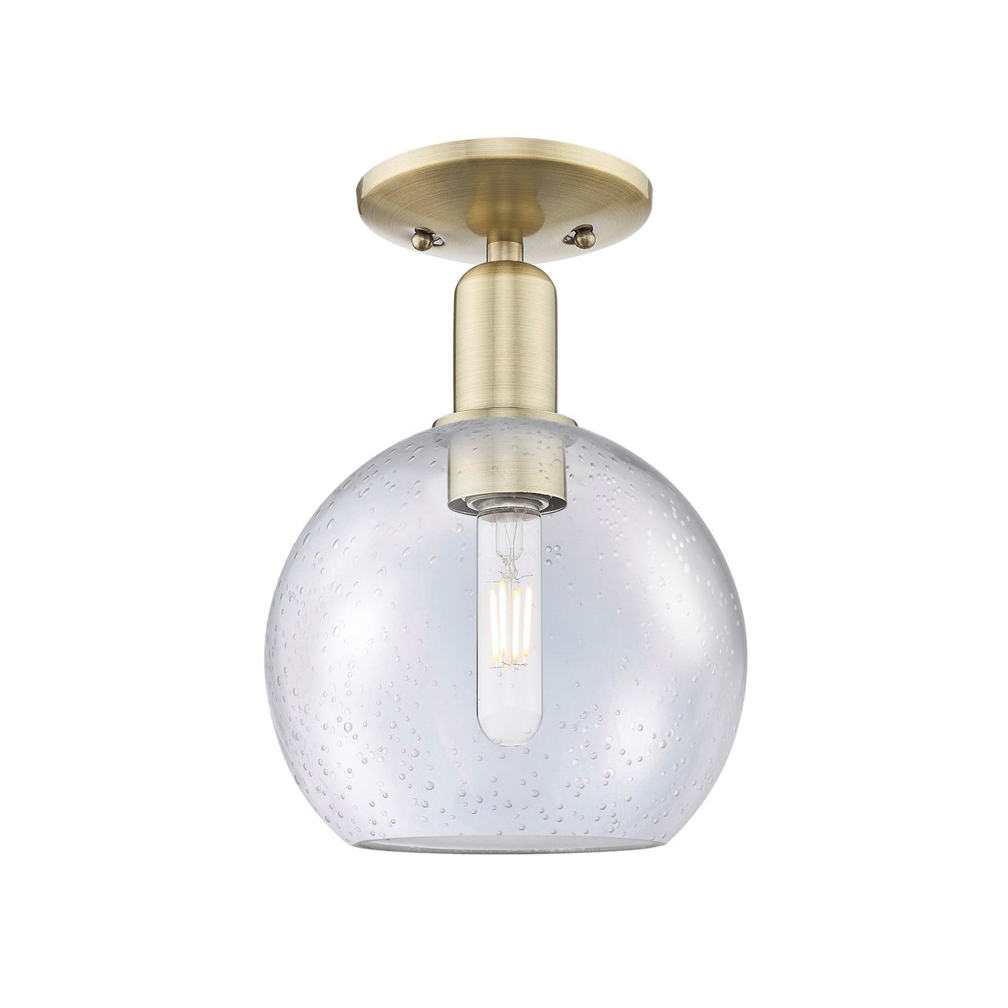 Innovations Athens 8in 1-Light Semi-Flush Mount | Industrial Antique Brass Steel and Seedy Glass Globe | Entryway & Hallway | 8 x | Model 716-1C-AB-G124-8
