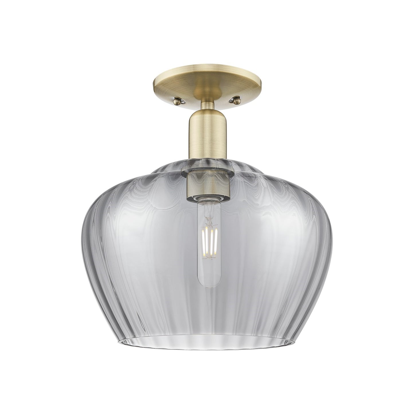 Innovations Fenton 11in 1-Light Semi-Flush Mount | Industrial Antique Brass Steel and Light Smoke Ribbed Glass | Kitchen & Hallway | Model 716-1C-AB-G93-L