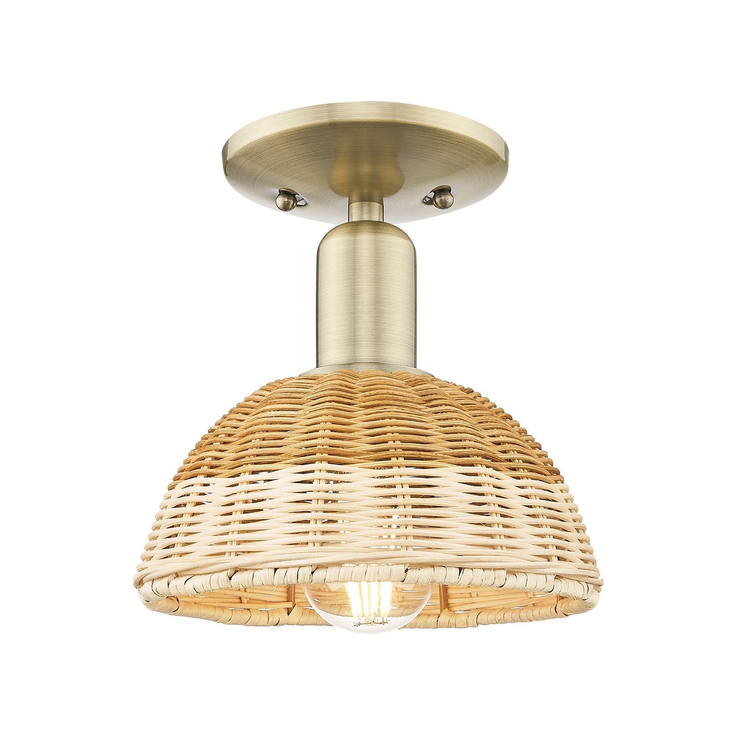 Innovations Natural Ballston Dome 7.5in 1-Light Semi-Flush Mount | Farmhouse Antique Brass and Natural Fiber Basketweave | Model 716-1C-AB-NBD2-75-NAT
