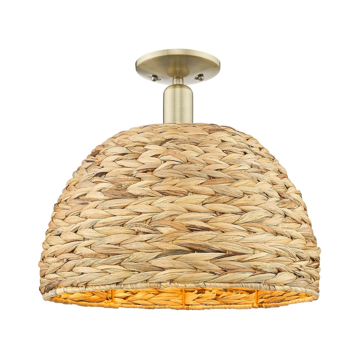 Innovations Woven Rattan 16in 1-Light Semi-Flush Mount | Industrial Antique Brass and Natural Fiber Dome | Indoor Hallway & | Model 716-1C-AB-RBD-16-NAT