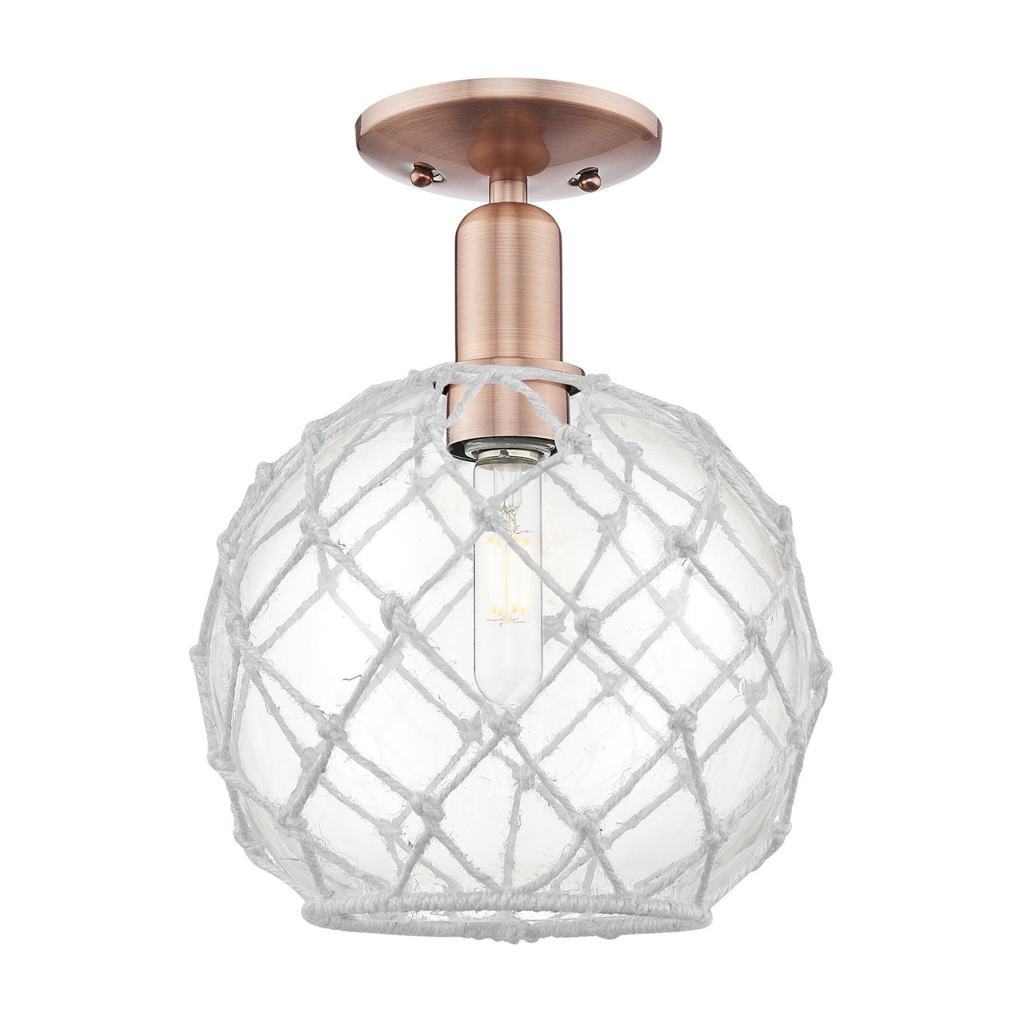 Innovations Farmhouse Rope 10in 1-Light Semi-Flush Mount | Industrial Antique Copper Steel and Clear Glass with White Rope | Model 716-1C-AC-G122-10RW