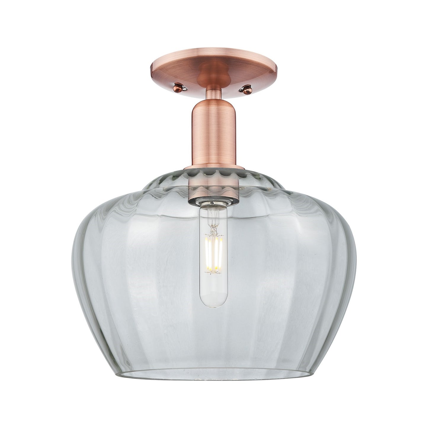Innovations Fenton 11in 1-Light Semi-Flush Mount | Industrial Antique Copper and Clear Ribbed Glass | Entryway & Hallway | 11 x 11 | Model 716-1C-AC-G92-L