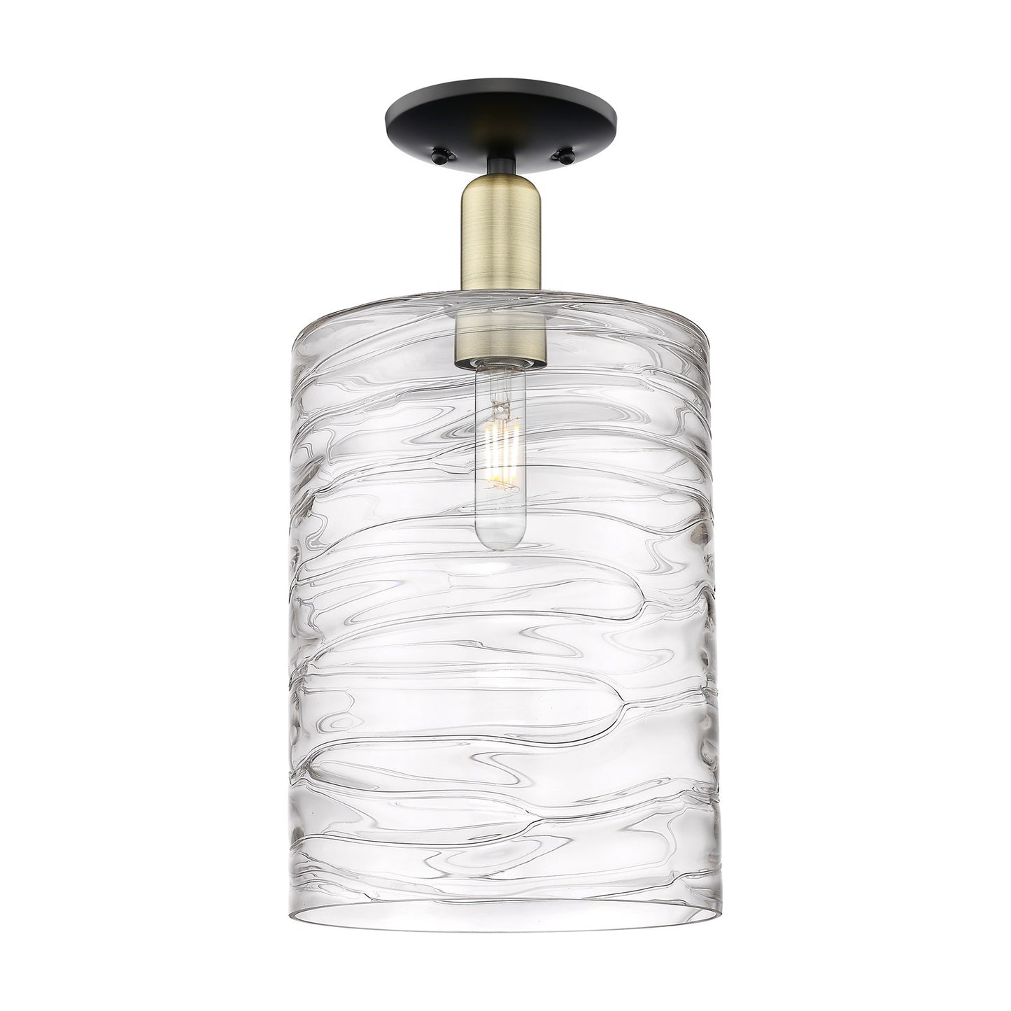 Innovations Cobbleskill 9in 1-Light Semi-Flush Mount | Industrial Black Antique Brass Steel and Deco Swirl Clear Glass | Model 716-1C-BAB-G1113-L