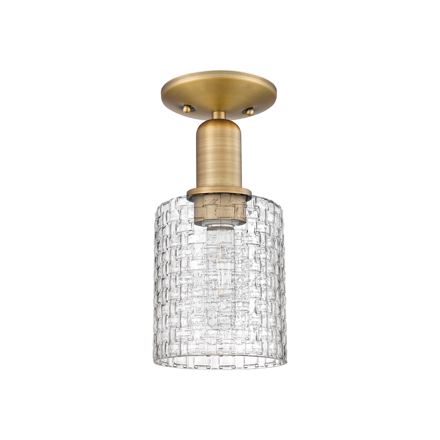 Innovations Cobbleskill 5in 1-Light Semi-Flush Mount | Industrial Brushed Brass Steel and Clear Basket Weave Glass | Model 716-1C-BB-G112C-5CL