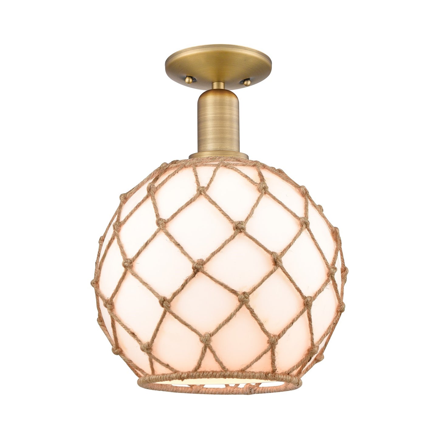 Innovations Farmhouse Rope 10in 1-Light Semi-Flush Mount | Industrial Brushed Brass Steel and Matte White Glass with Rope | Model 716-1C-BB-G121-10RB