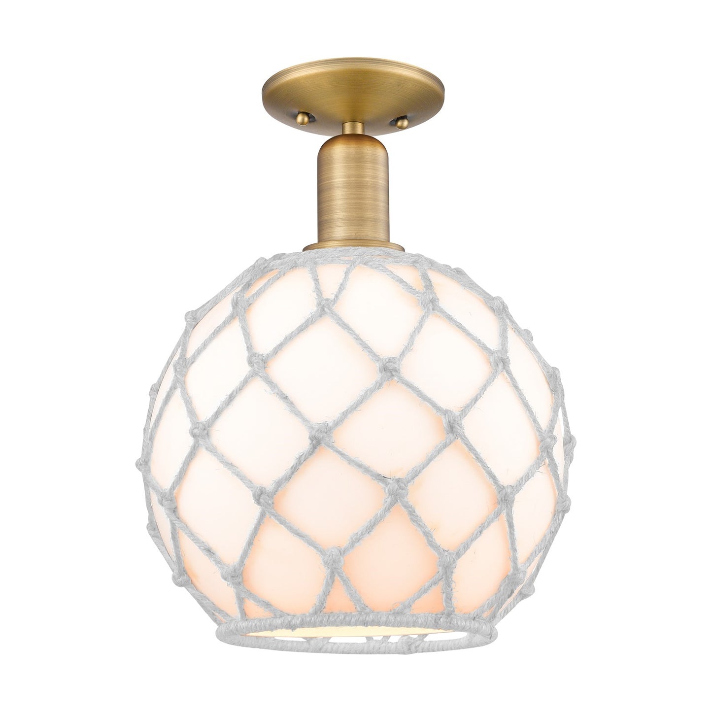 Innovations Farmhouse Rope 10in 1-Light Semi-Flush Mount | Industrial Brushed Brass and White Glass with White Rope | Entryway | Model 716-1C-BB-G121-10RW