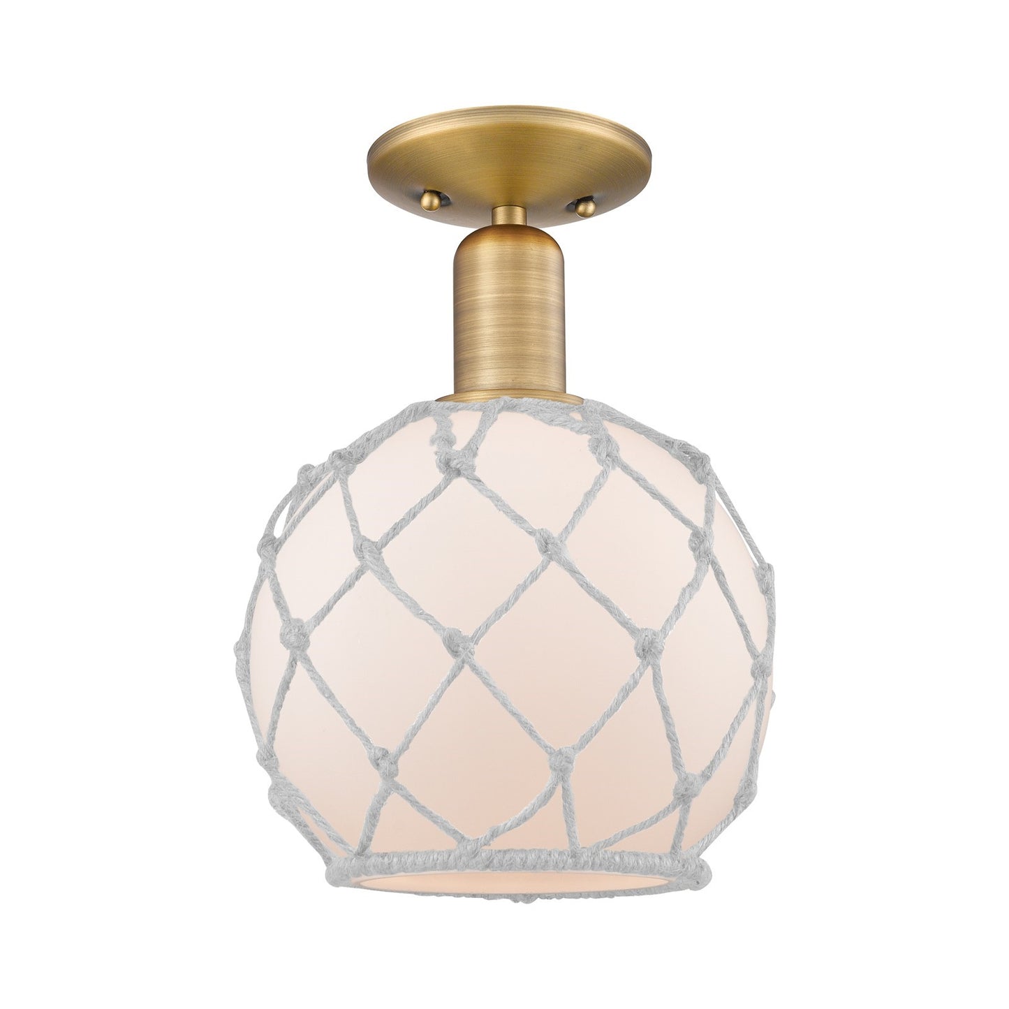 Innovations Farmhouse Rope 8in 1-Light Semi-Flush Mount | Industrial Brushed Brass and White Glass with Rope | Entryway & | Model 716-1C-BB-G121-8RW