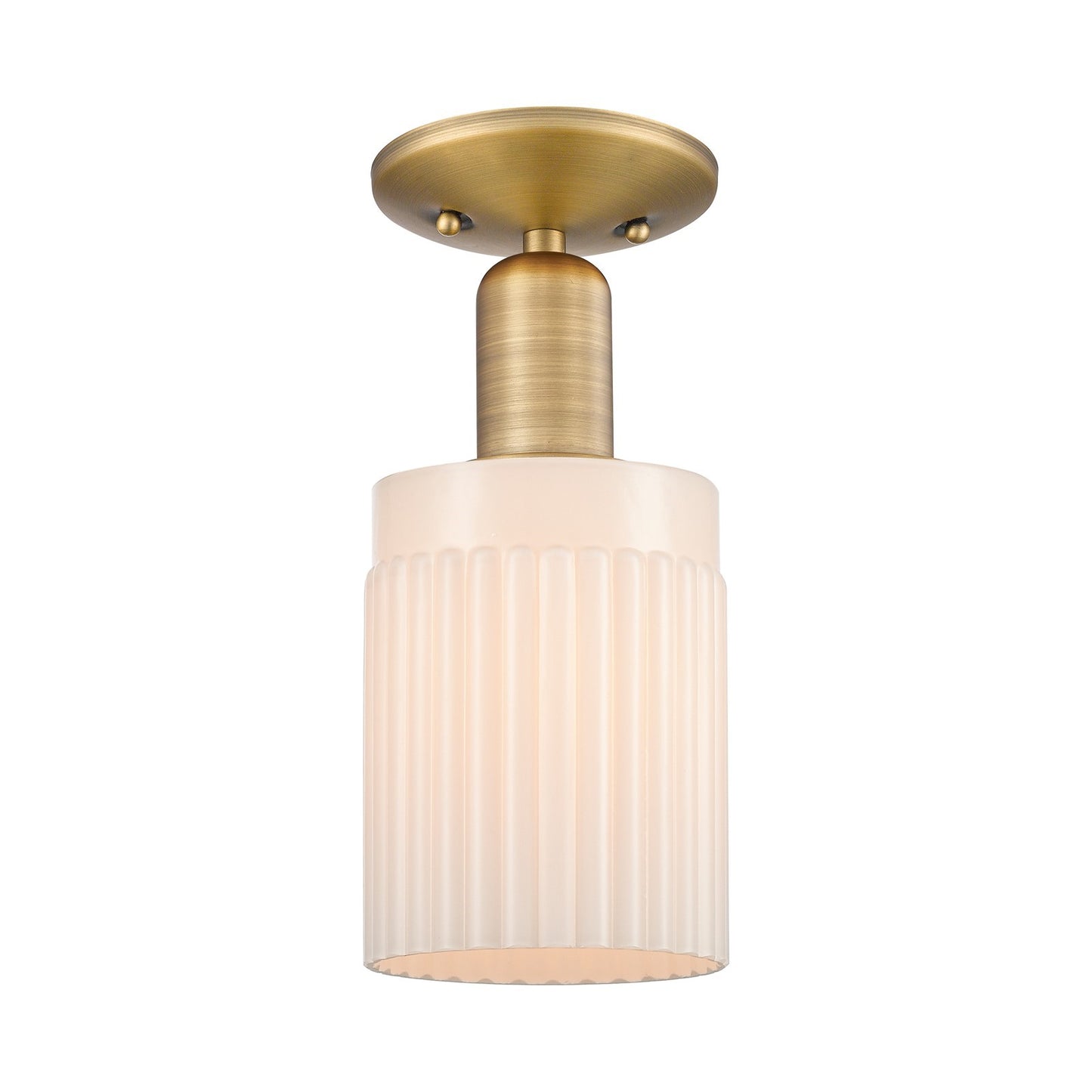 Innovations Hadley 4.5in 1-Light Semi-Flush Mount | Industrial Brushed Brass and Matte White Ribbed Glass | Entryway & Hallway | Model 716-1C-BB-G341
