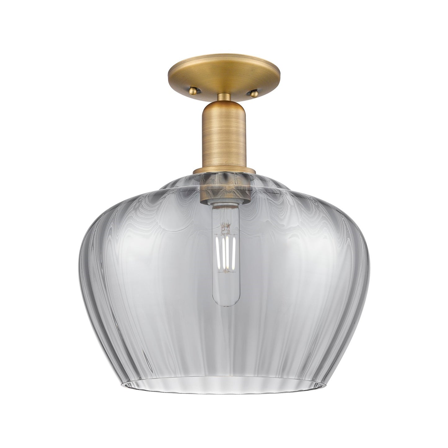 Innovations Fenton 11in 1-Light Semi-Flush Mount | Industrial Brushed Brass and Light Smoke Ribbed Glass | Kitchen & Hallway | 11 | Model 716-1C-BB-G93-L