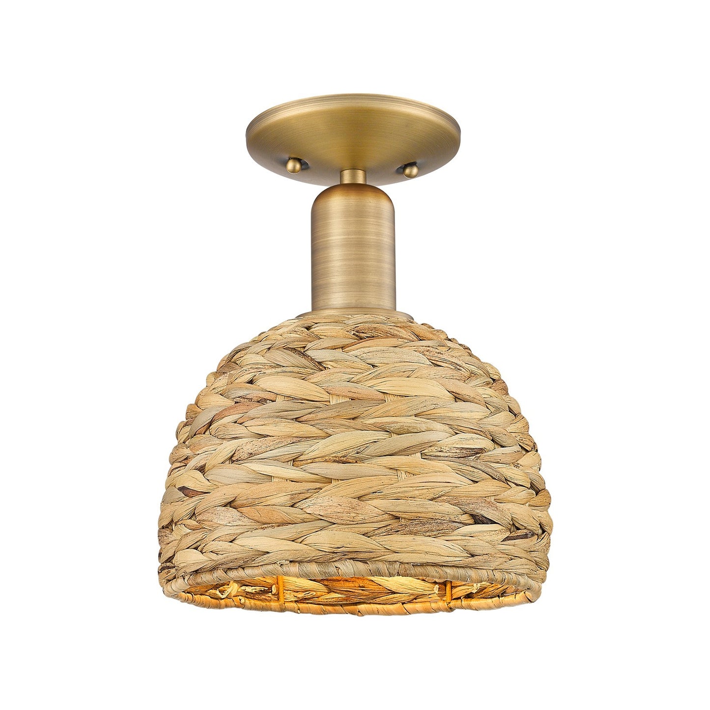 Innovations Woven Rattan 8in 1-Light Semi-Flush Mount | Rustic Farmhouse Brushed Brass and Natural Woven Rattan | Kitchen & | Model 716-1C-BB-RBD-8-NAT