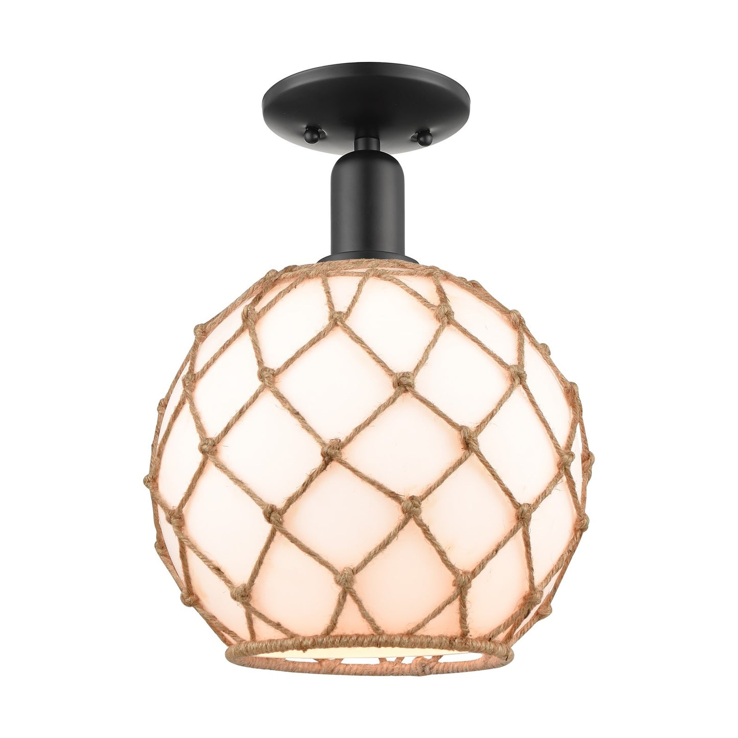 Innovations Farmhouse Rope 10in 1-Light Semi-Flush | Industrial Matte Black Steel and Matte White Glass with Brown Rope | Model 716-1C-BK-G121-10RB