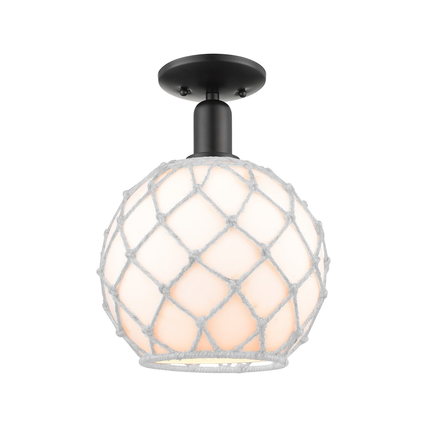 Innovations Farmhouse Rope 10in 1-Light Semi-Flush | Industrial Matte Black Steel and White Glass with Rope | Entryway & | Model 716-1C-BK-G121-10RW