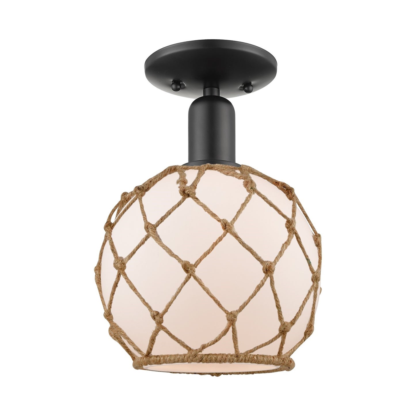 Innovations Farmhouse Rope 8in 1-Light Semi-Flush Mount | Industrial Matte Black Steel and White Frosted Glass with Brown Rope | Model 716-1C-BK-G121-8RB