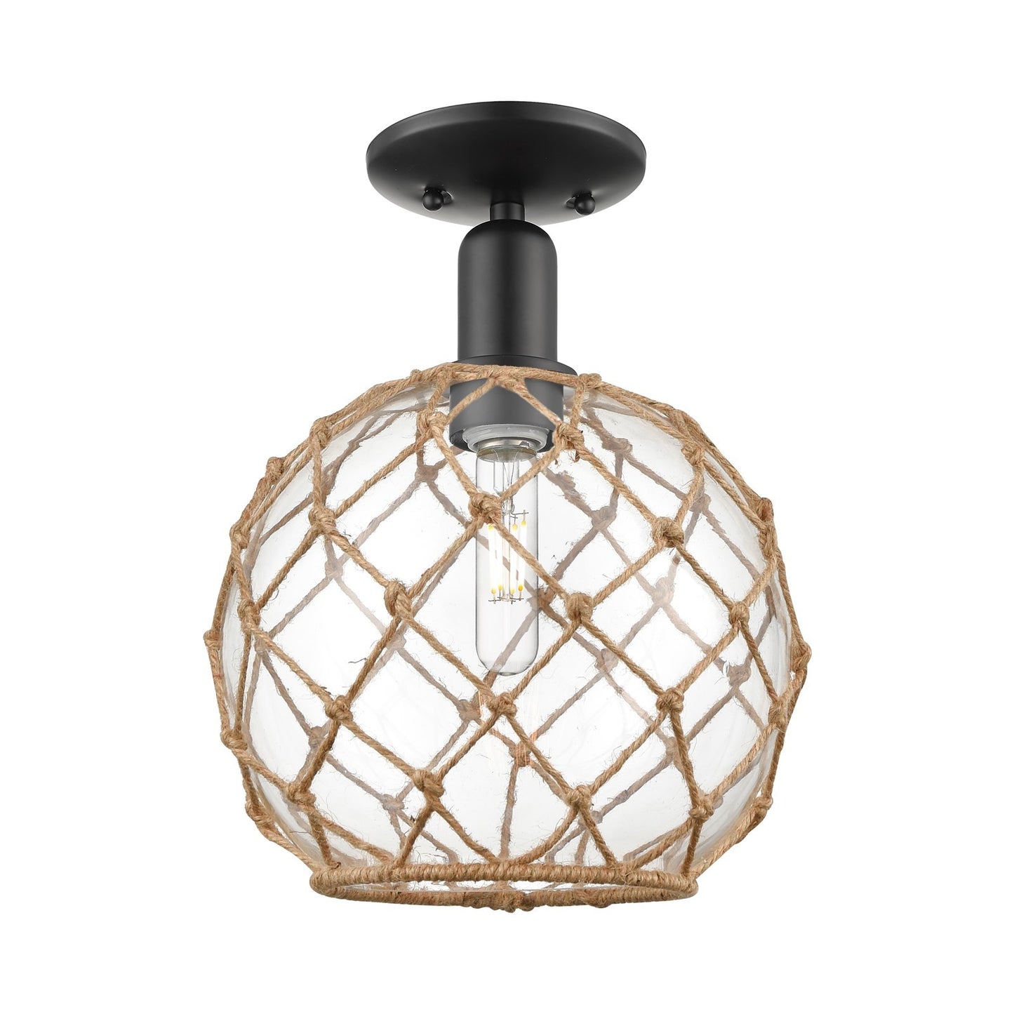 Innovations Farmhouse Rope 10in 1-Light Semi-Flush Mount | Industrial Matte Black Steel and Clear Glass with Brown Rope | Model 716-1C-BK-G122-10RB