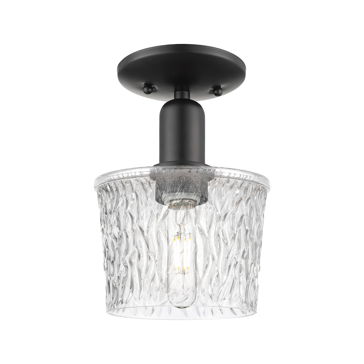 Innovations Niagara 1-Light 6.5in Semi-Flush Mount | Industrial Matte Black Steel and Clear Textured Glass | Damp-Rated Hallway & | Model 716-1C-BK-G402