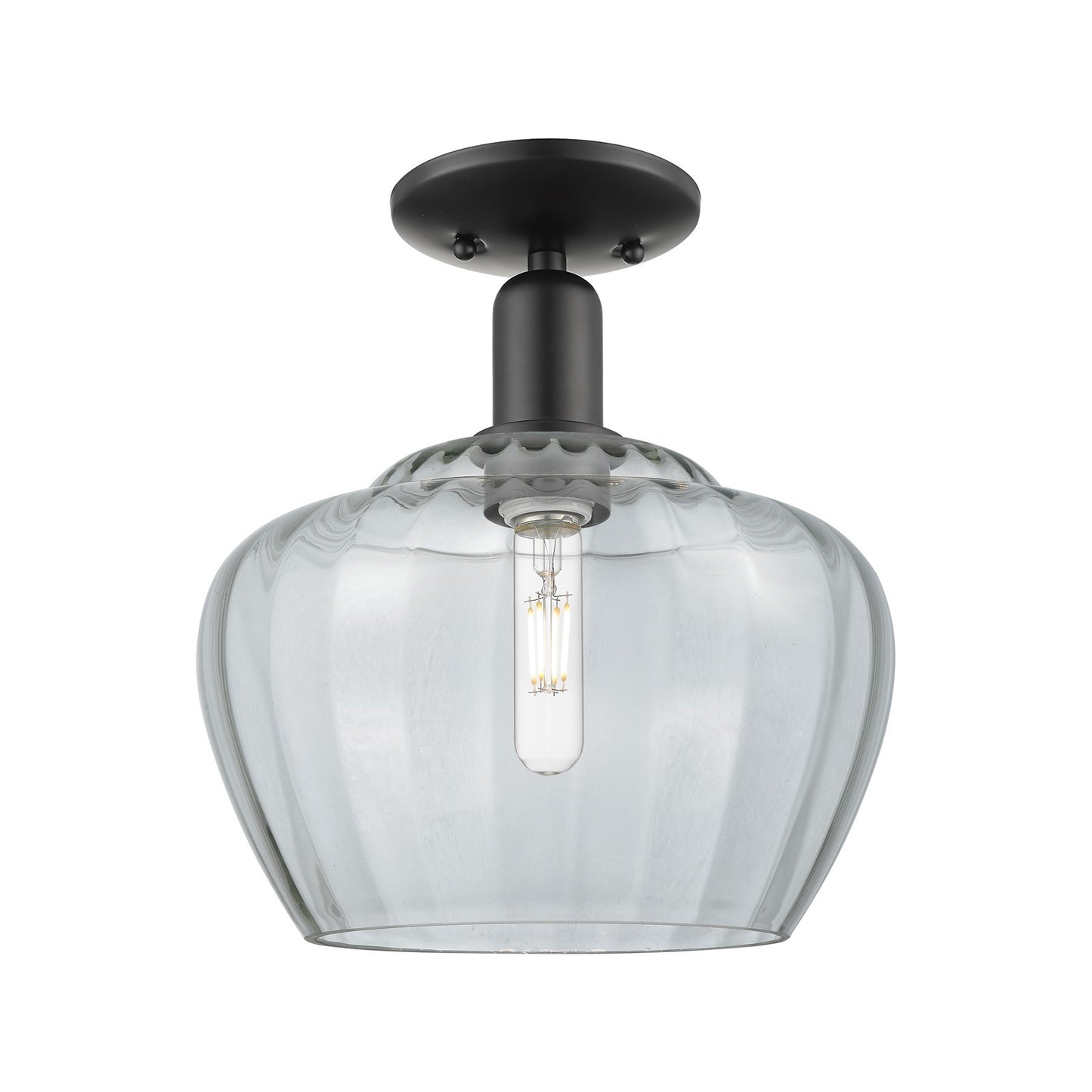 Innovations Fenton 11in 1-Light Semi-Flush Mount | Industrial Matte Black Steel and Clear Ribbed Glass | Entryway & Hallway | 11 x | Model 716-1C-BK-G92-L