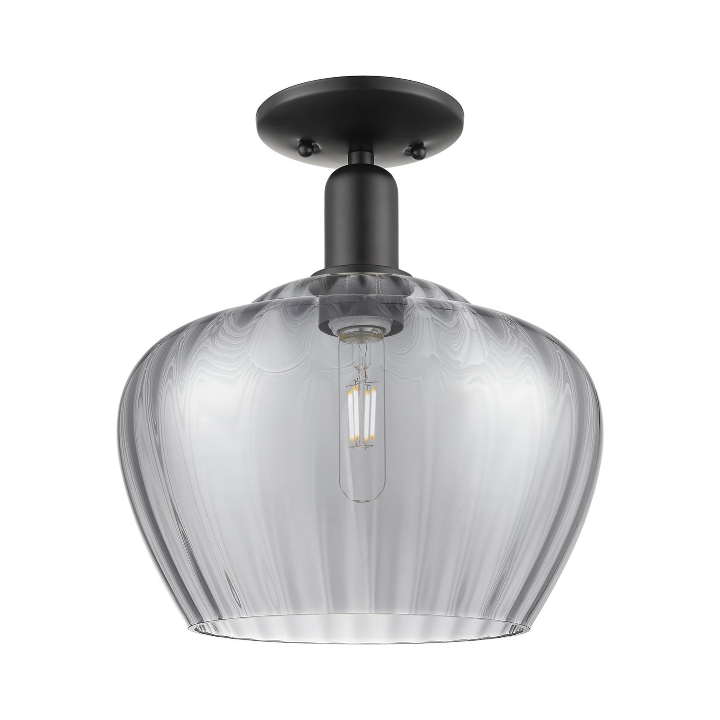 Innovations Fenton 11in 1-Light Semi-Flush Mount | Industrial Matte Black Steel and Light Smoke Ribbed Glass | Entryway & Hallway | Model 716-1C-BK-G93-L