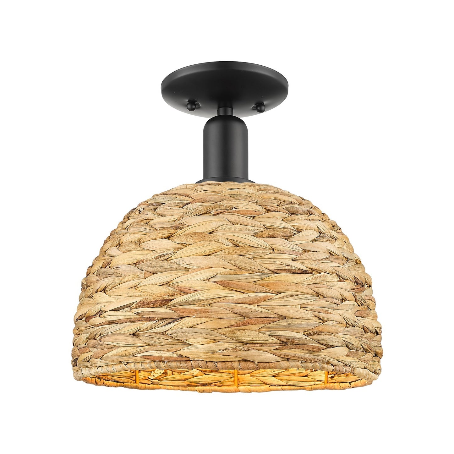 Innovations Woven Rattan 12in 1-Light Semi-Flush Mount | Industrial Matte Black Steel and Natural Rattan Dome Shade | Model 716-1C-BK-RBD-12-NAT