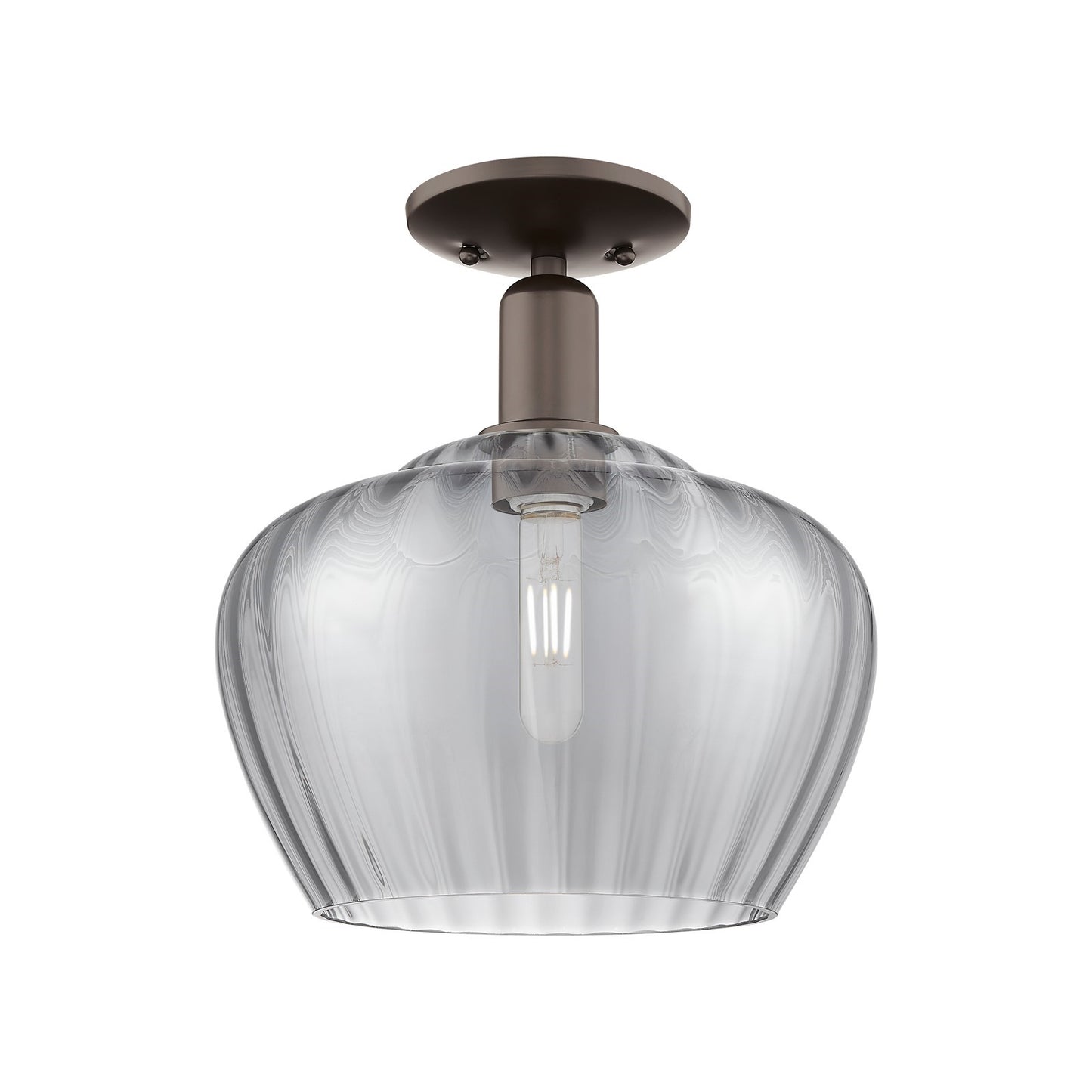 Innovations Fenton 11in 1-Light Semi-Flush Mount | Industrial Oil Rubbed Bronze Steel and Light Smoke Ribbed Glass | Entryway & | Model 716-1C-OB-G93-L