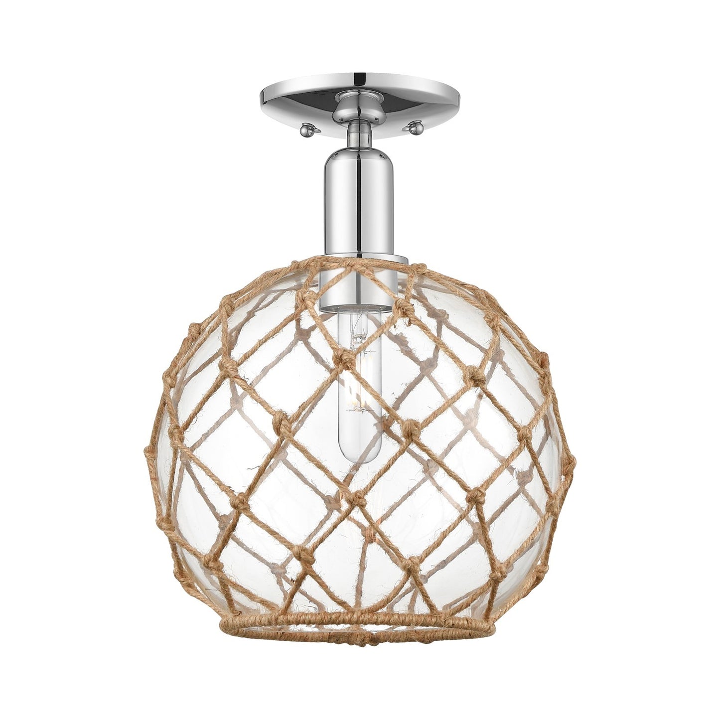Innovations Farmhouse Rope 10in 1-Light Semi-Flush Mount | Industrial Polished Chrome Steel and Clear Glass with Brown Rope | Model 716-1C-PC-G122-10RB