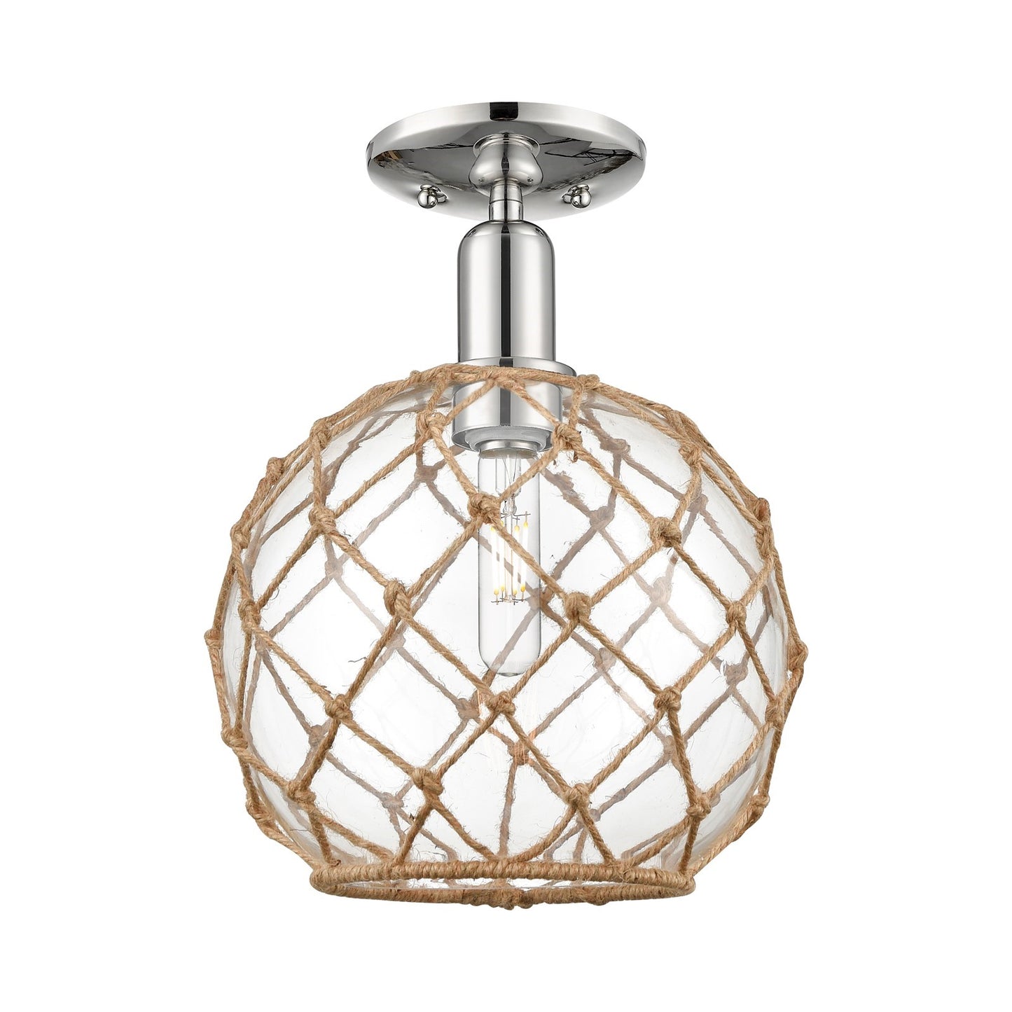 Innovations Farmhouse Rope 10in 1-Light Semi-Flush Mount | Industrial Polished Nickel Steel and Clear Glass with Brown Rope | Model 716-1C-PN-G122-10RB