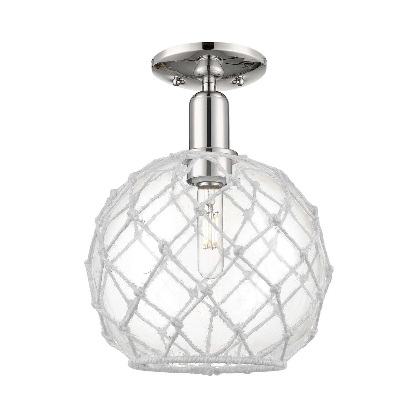 Innovations Farmhouse Rope 10in 1-Light Semi-Flush Mount | Industrial Polished Nickel Steel and Clear Glass with White Rope | Model 716-1C-PN-G122-10RW