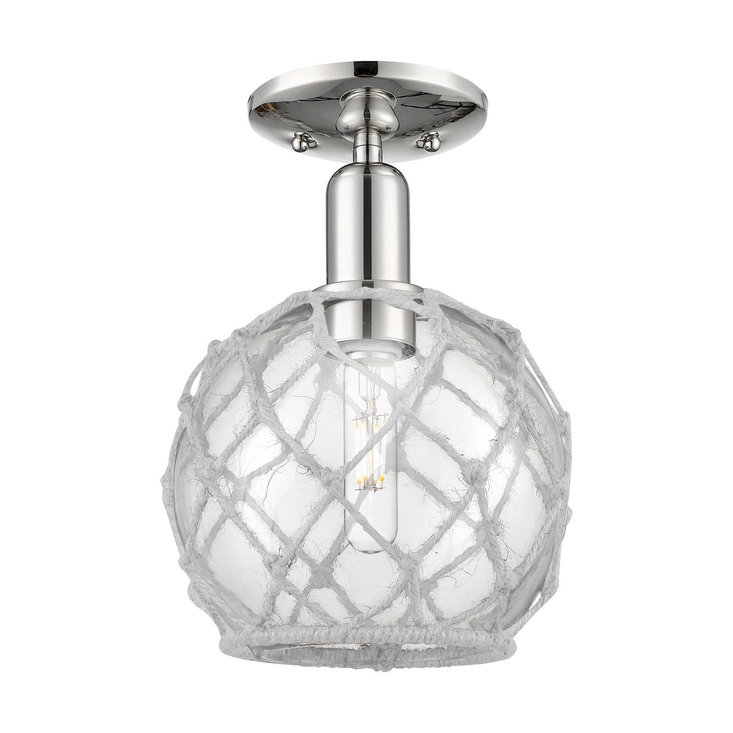 Innovations Farmhouse Rope 8in 1-Light Semi-Flush Mount | Industrial Polished Nickel Steel and Clear Glass with White Rope | Model 716-1C-PN-G122-8RW
