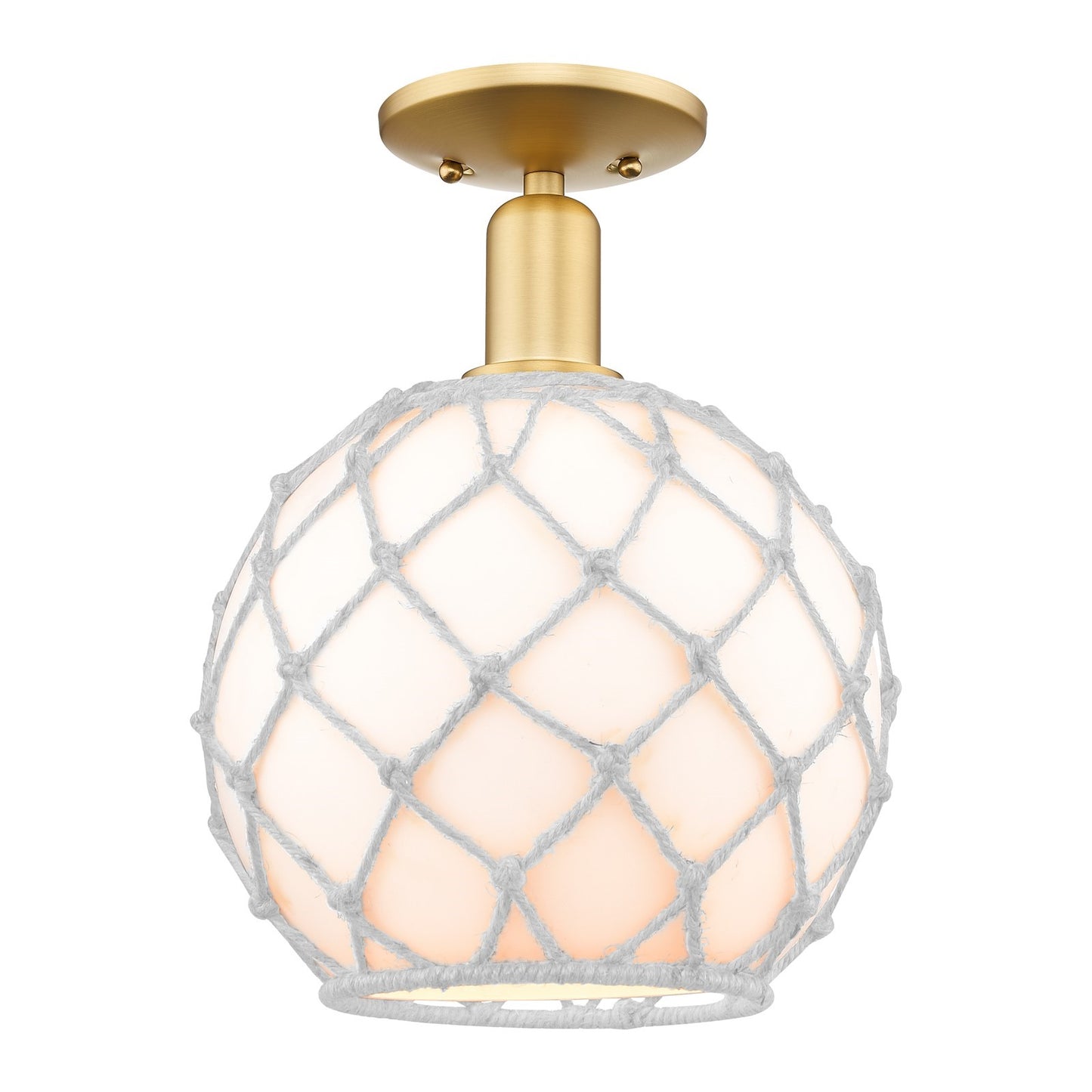 Innovations Farmhouse Rope 10in 1-Light Semi-Flush | Industrial Satin Gold Steel and White Glass with Rope Shade | Kitchen & | Model 716-1C-SG-G121-10RW