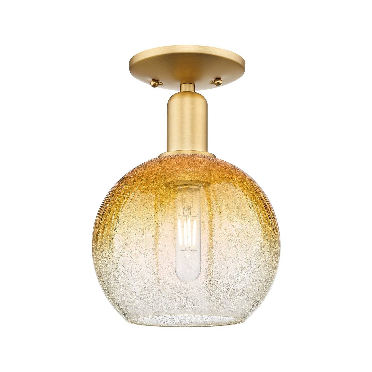 Innovations Brookhaven Globe 8in 1-Light Semi-Flush | Industrial Satin Gold Steel and Amber Glass | Entryway & Hallway | 8 x 8 | Model 716-1C-SG-G483-8AM