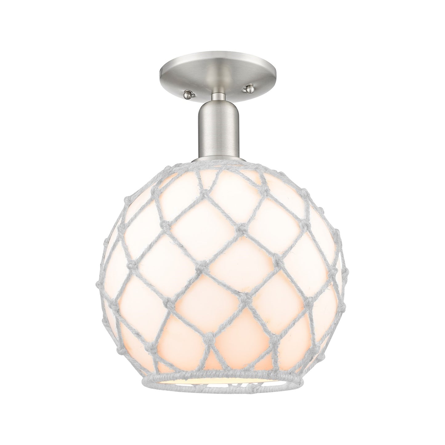 Innovations Farmhouse Rope 10in 1-Light Semi-Flush Mount | Industrial Brushed Satin Nickel and White Glass with Rope Shade | Model 716-1C-SN-G121-10RW