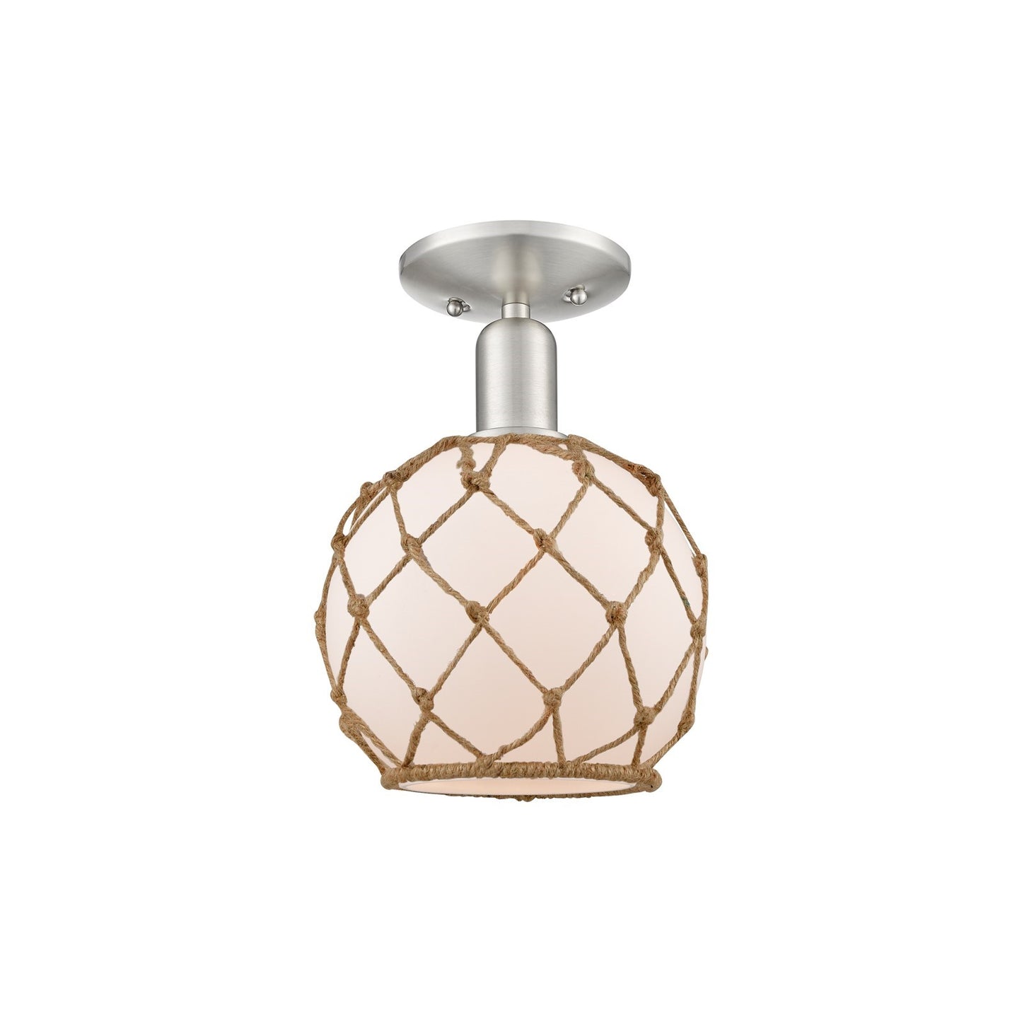 Innovations Farmhouse Rope 8in 1-Light Semi-Flush Mount | Industrial Brushed Satin Nickel and White Frosted Glass with Brown | Model 716-1C-SN-G121-8RB