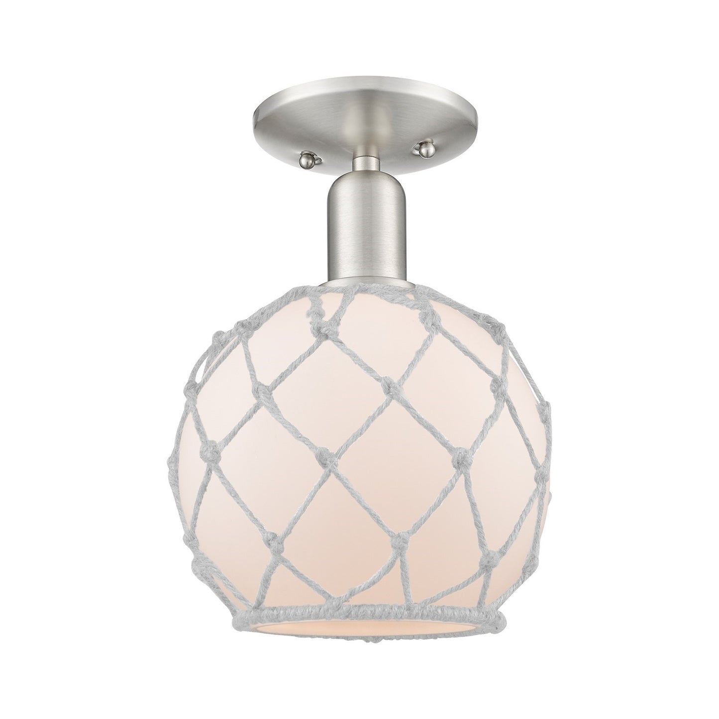 Innovations Farmhouse Rope 8in 1-Light Semi-Flush Mount | Industrial Brushed Satin Nickel and White Glass with Rope | Kitchen & | Model 716-1C-SN-G121-8RW