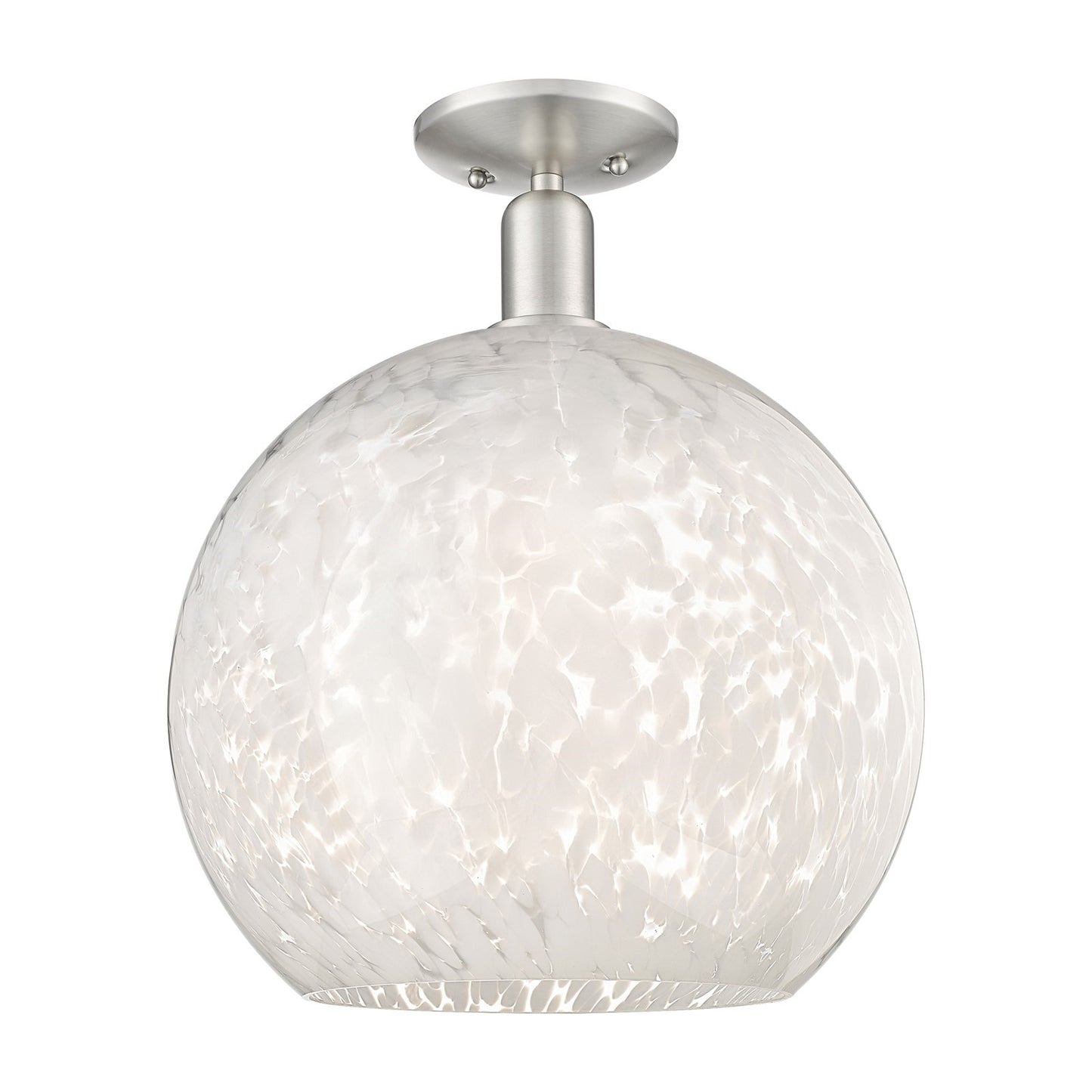 Innovations White Mouchette 14in 1-Light Semi-Flush Mount | Industrial Brushed Satin Nickel and White Mouchette Glass | Model 716-1C-SN-G1216-14WM