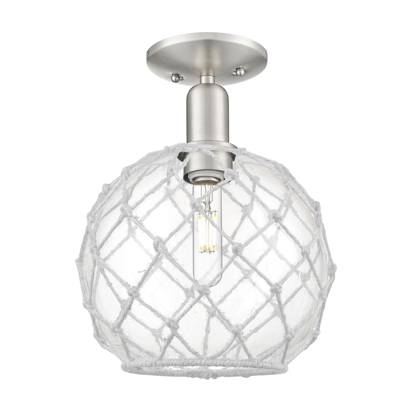 Innovations Farmhouse Rope 10in 1-Light Semi-Flush Mount | Industrial Brushed Satin Nickel and Clear Glass with White Rope | Model 716-1C-SN-G122-10RW
