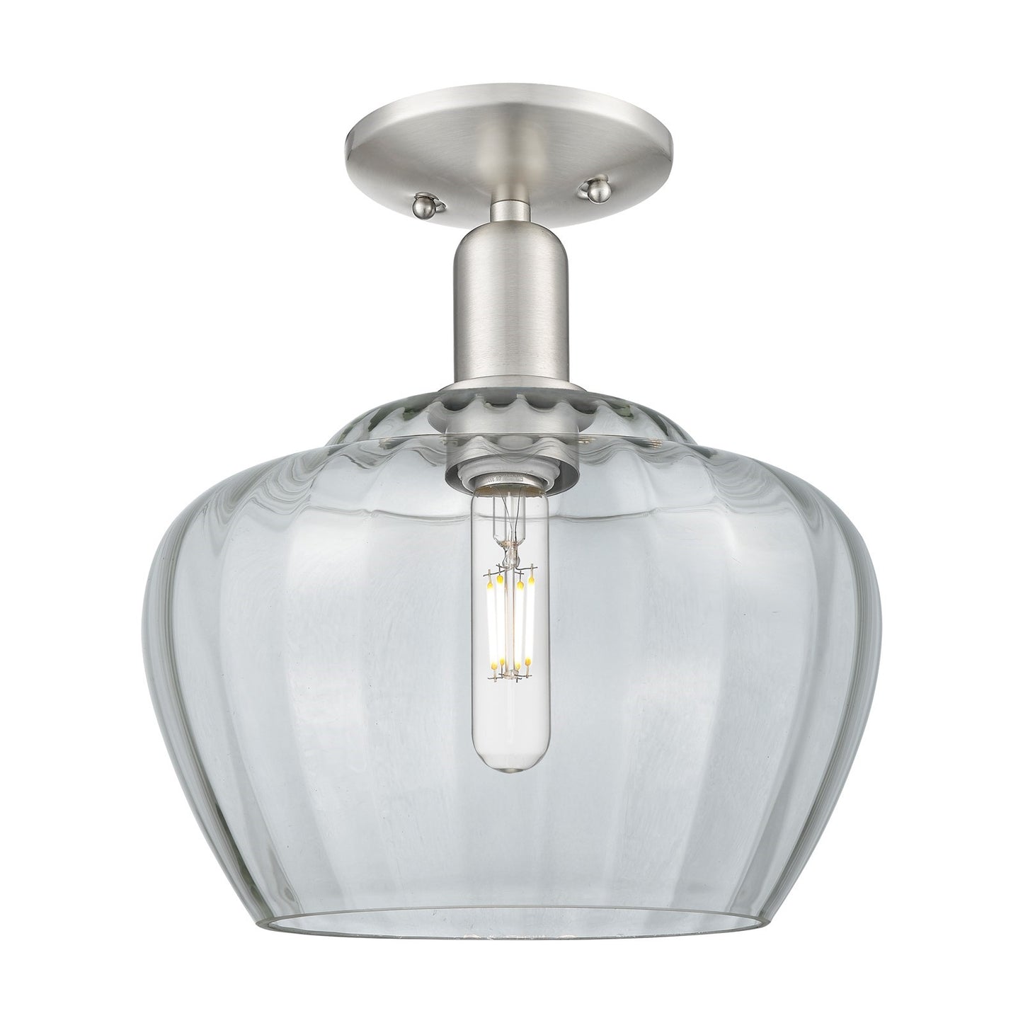 Innovations Fenton 11in 1-Light Semi-Flush Mount | Industrial Brushed Satin Nickel Steel and Clear Ribbed Glass | Entryway & | Model 716-1C-SN-G92-L