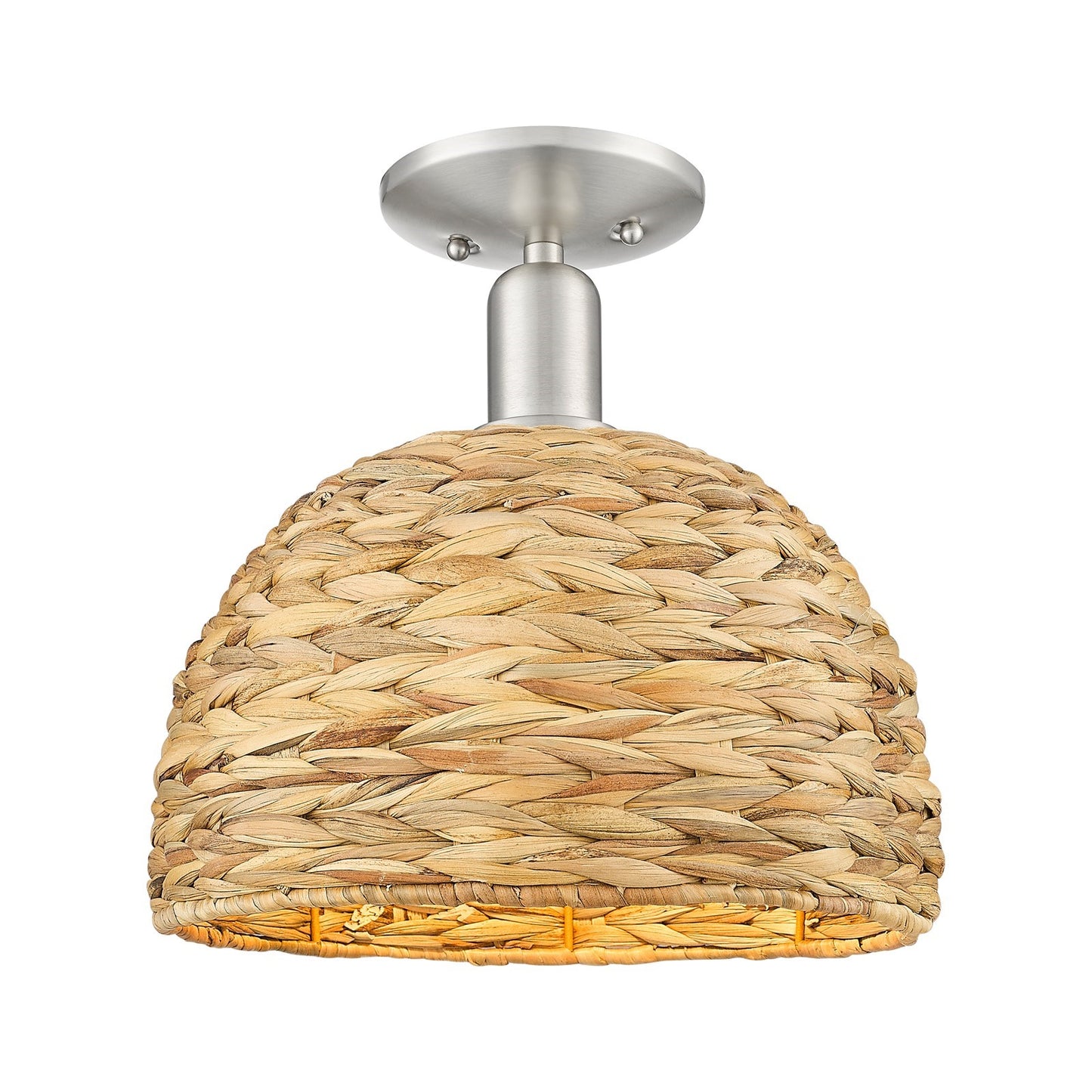 Innovations Woven Rattan 12in 1-Light Semi-Flush Mount | Industrial Brushed Satin Nickel Steel and Natural Fiber Shade | Model 716-1C-SN-RBD-12-NAT