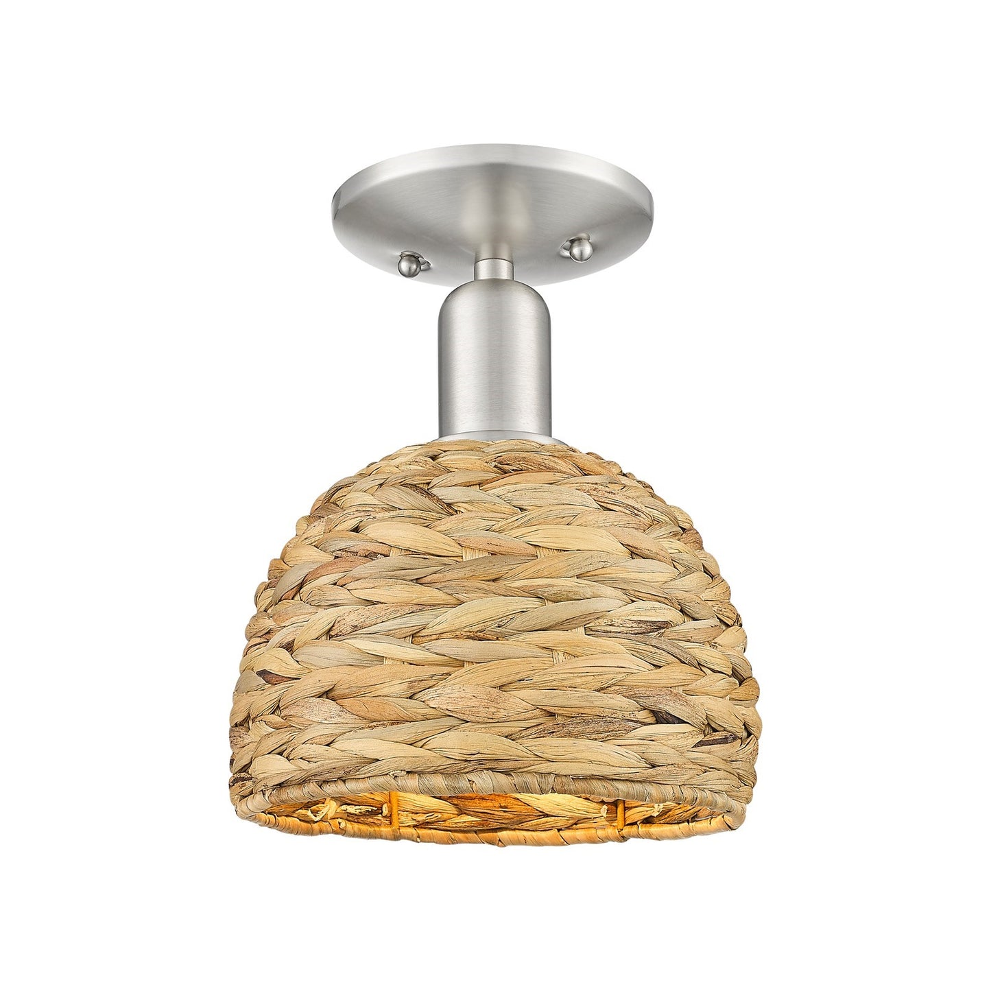 Innovations Arcadia 8in 1-Light Semi-Flush Mount | Rustic Farmhouse Satin Nickel Steel and Natural Woven Rattan Shade | Model 716-1C-SN-RBD-8-NAT