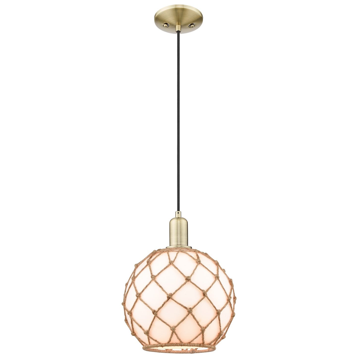 Innovations Farmhouse Rope 10in 1-Light Mini Pendant | Industrial Antique Brass Steel and Matte White Glass with Brown Rope | Model 716-1P-AB-G121-10RB