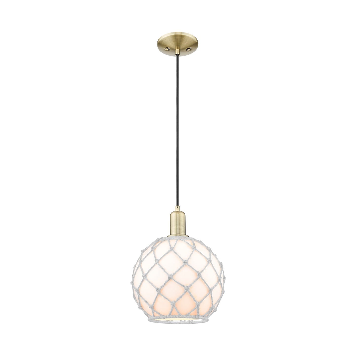 Innovations Farmhouse Rope 10in 1-Light Mini Pendant | Industrial Antique Brass Steel and White Glass Rope Shade | Kitchen | Model 716-1P-AB-G121-10RW