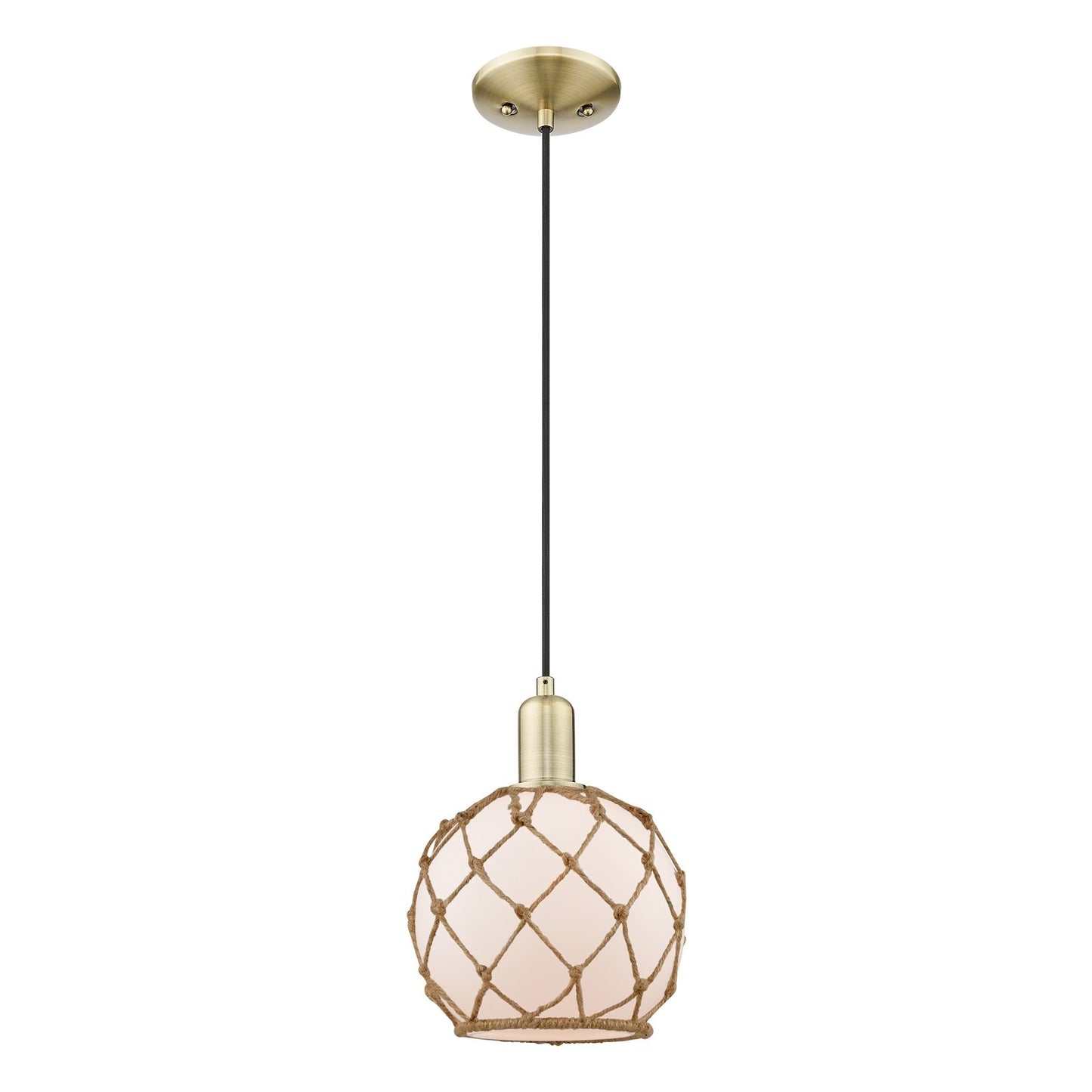 Innovations Farmhouse Rope 8in 1-Light Mini Pendant | Industrial Antique Brass and White Frosted Glass with Brown Rope | Model 716-1P-AB-G121-8RB