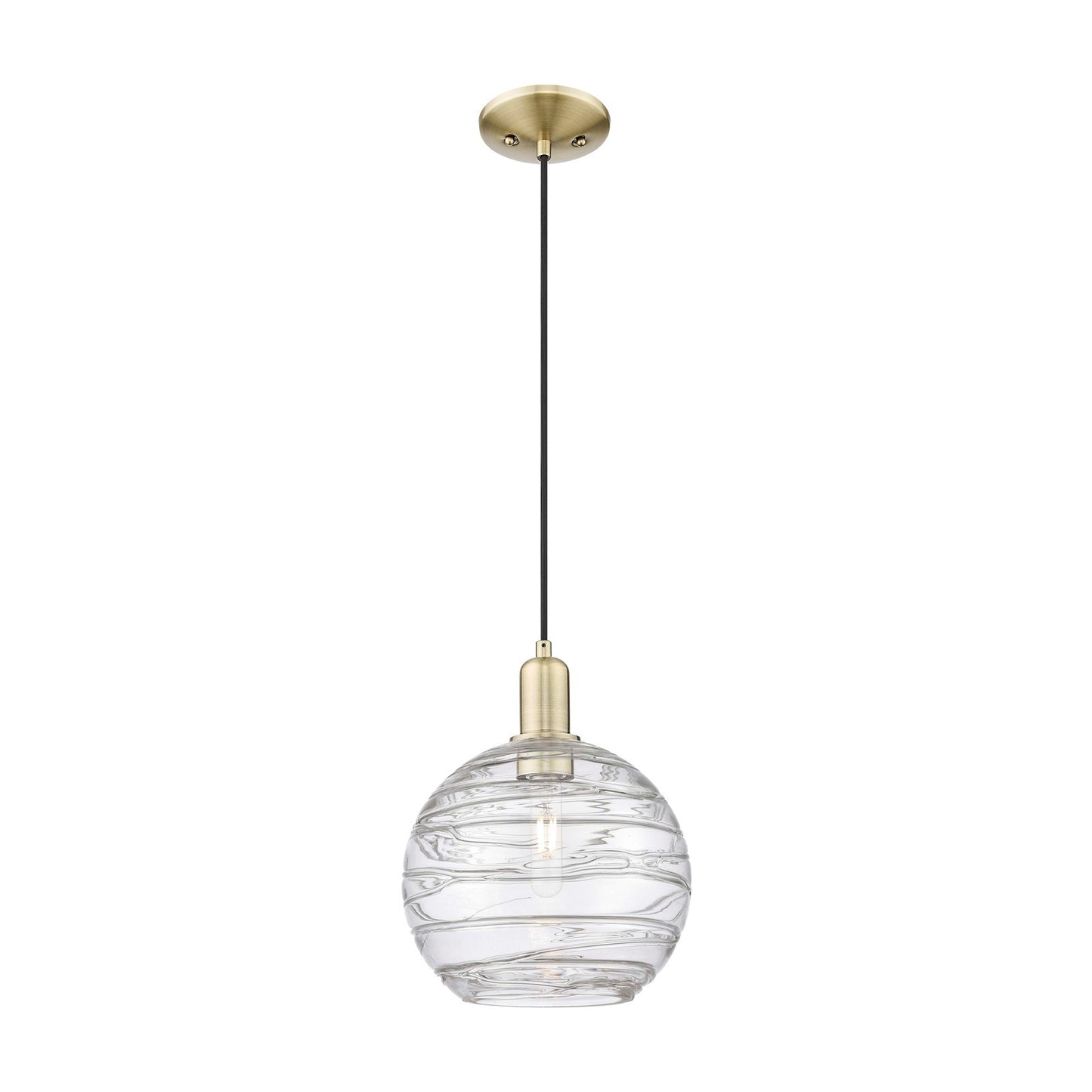 Innovations Athens Deco Swirl 10in 1-Light Mini Pendant | Industrial Antique Brass Steel and Clear Glass | Kitchen Island & | Model 716-1P-AB-G1213-10CL
