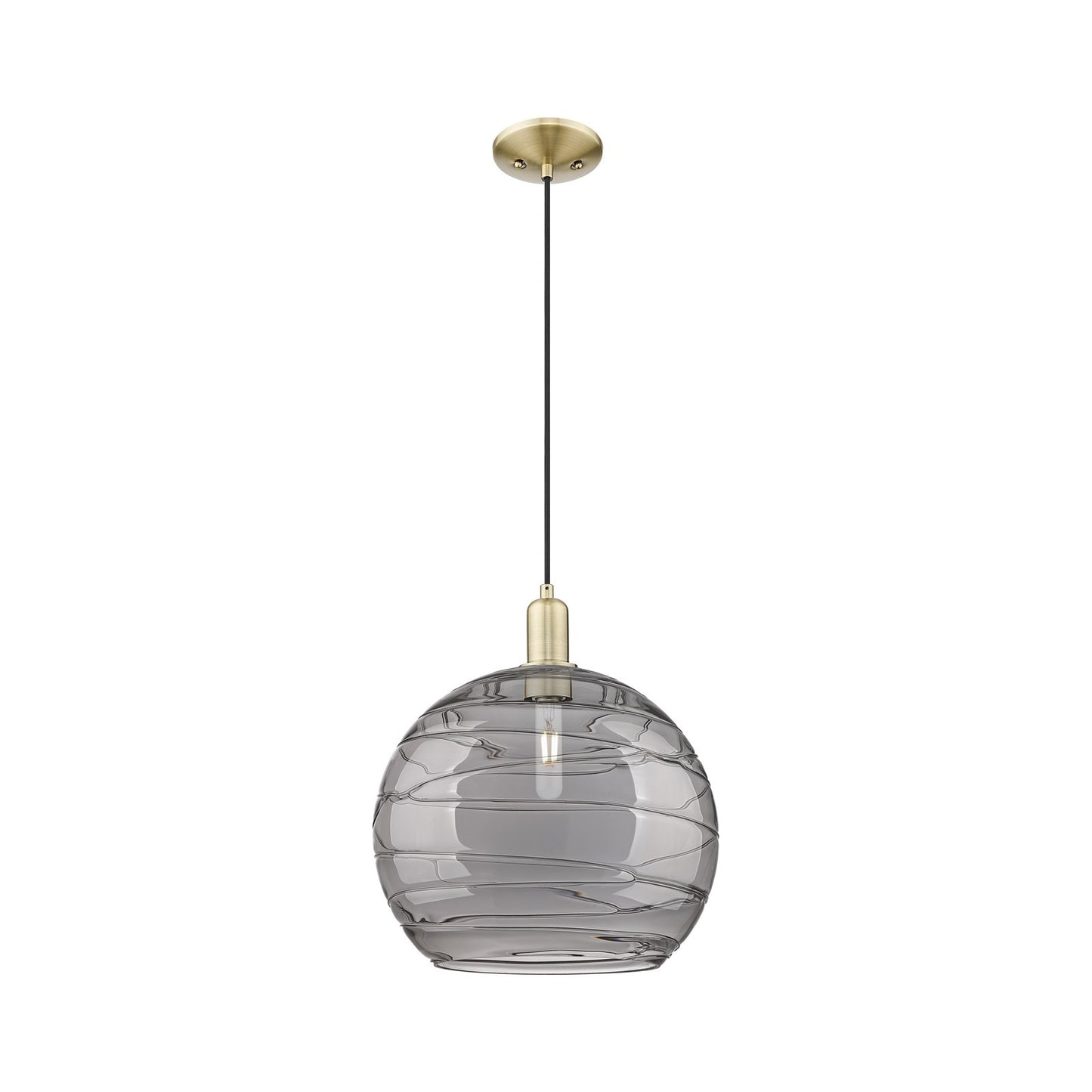 Innovations Athens Deco Swirl 14in 1-Light Mini Pendant | Industrial Antique Brass Steel and Light Smoke Glass | Kitchen | Model 716-1P-AB-G1213-14SM