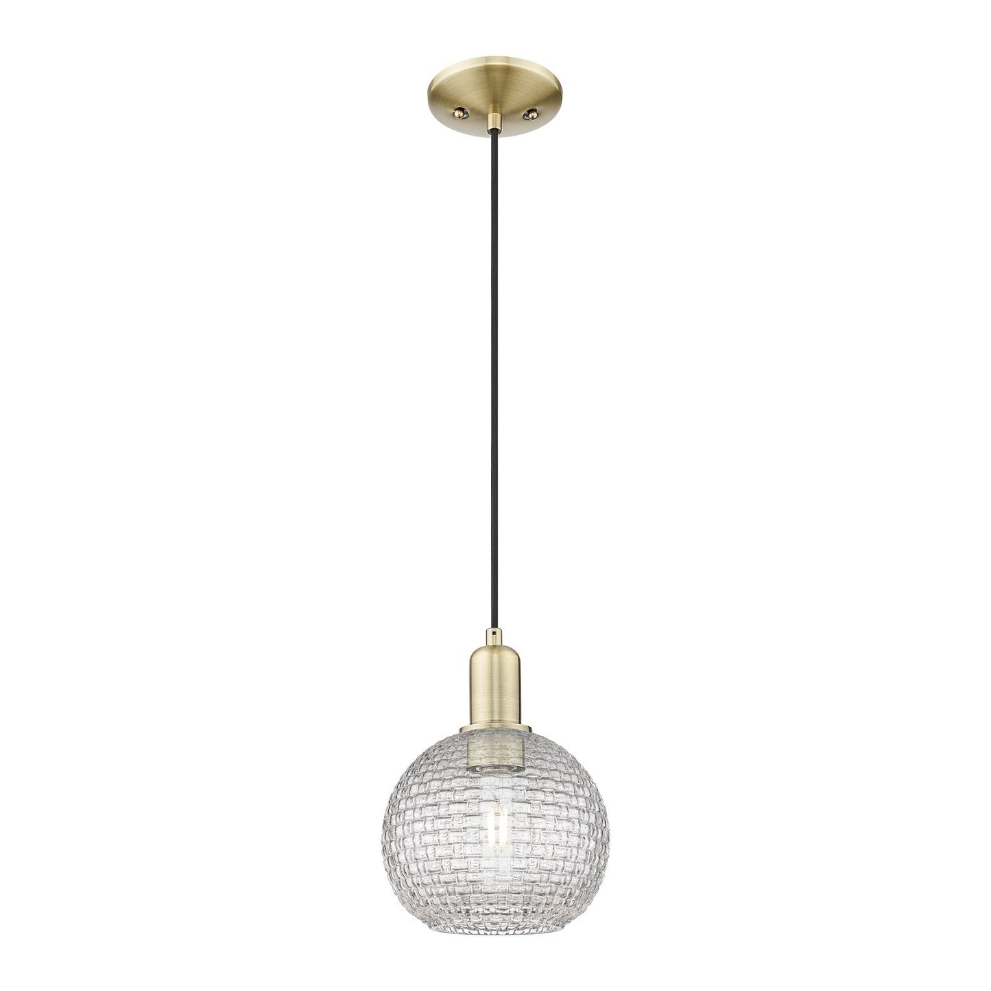Innovations Athens 8in 1-Light Mini Pendant | Industrial Antique Brass Steel and Clear Basket Weave Glass | Kitchen Island & | Model 716-1P-AB-G122C-8CL