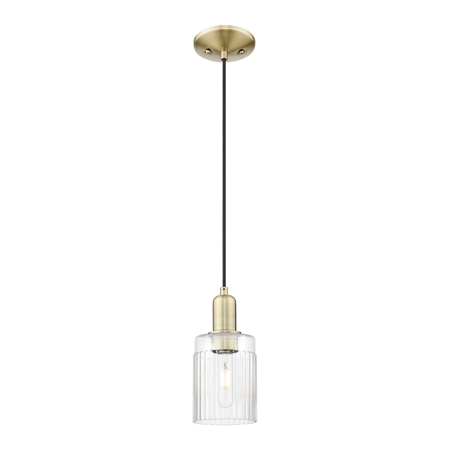Innovations Hadley 4.5in 1-Light Mini Pendant | Industrial Antique Brass Steel and Clear Ribbed Glass | Kitchen Island & Dining | Model 716-1P-AB-G342