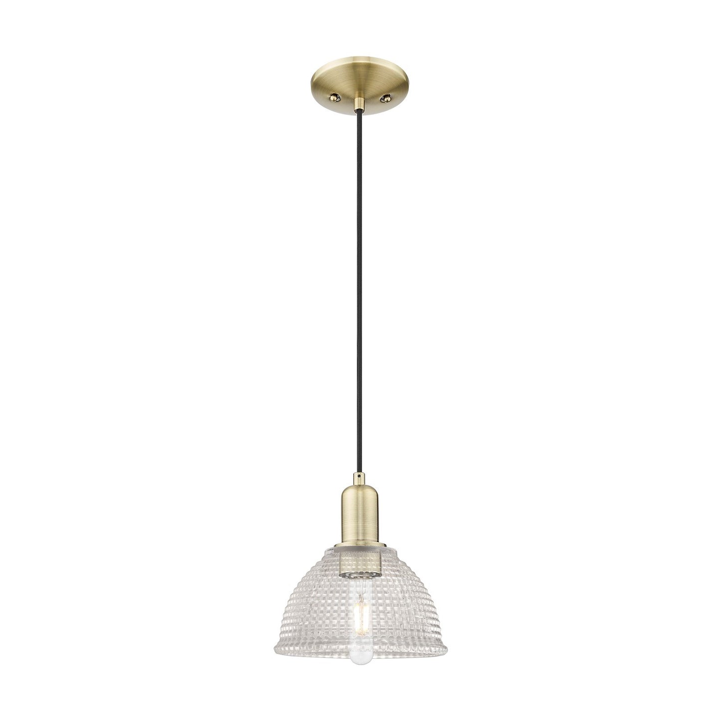 Innovations Lighting Arietta 8in 1-Light Mini Pendant | Industrial Antique Brass and Clear Glass | Kitchen Island & Dining Room | 8 | Model 716-1P-AB-G422